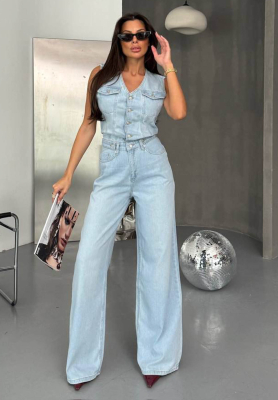 Adriana's long denim jumpsuit, light blue