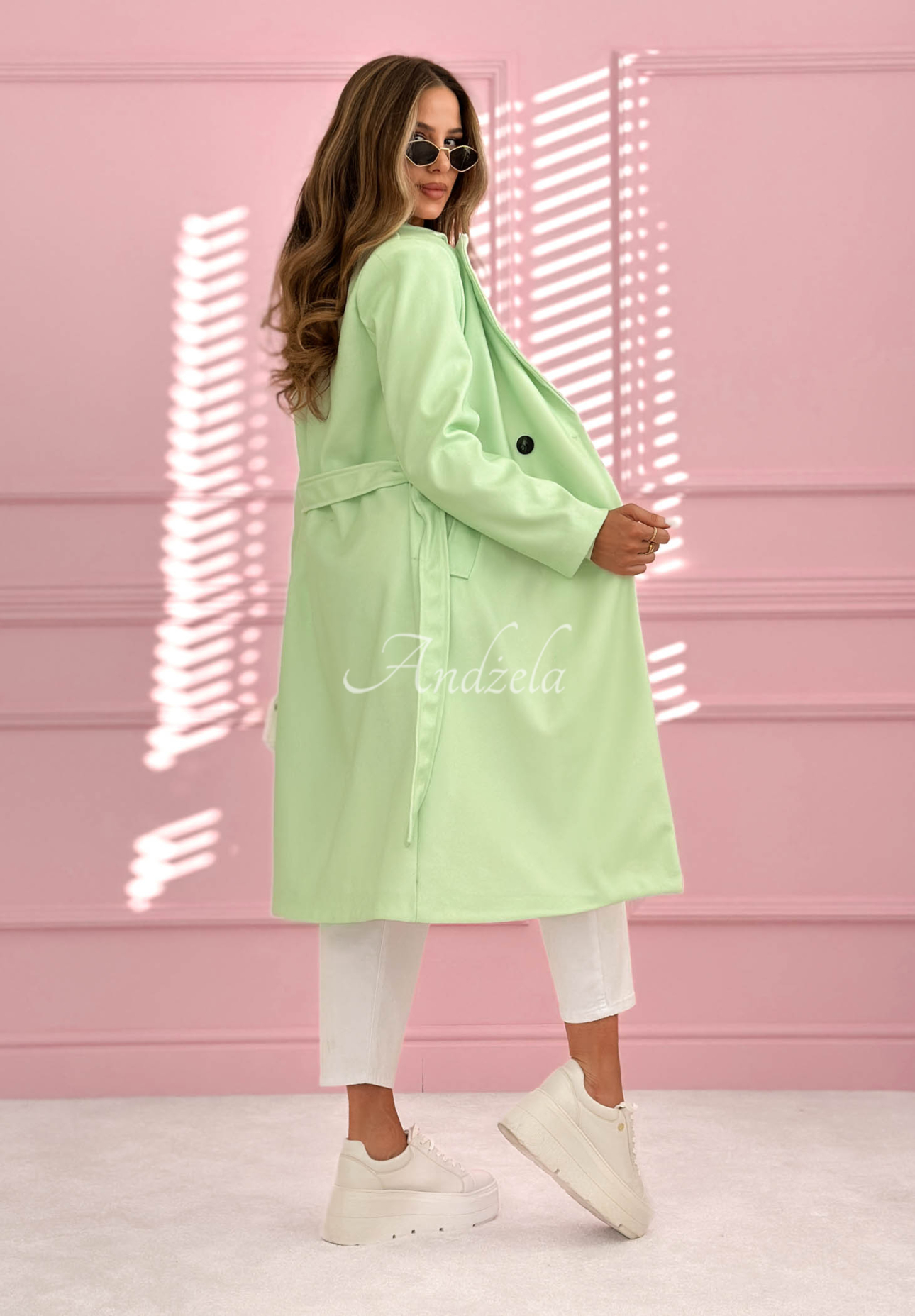 Długi dwurzędowy płaszcz z kołnierzem We Both Know pistacjowy