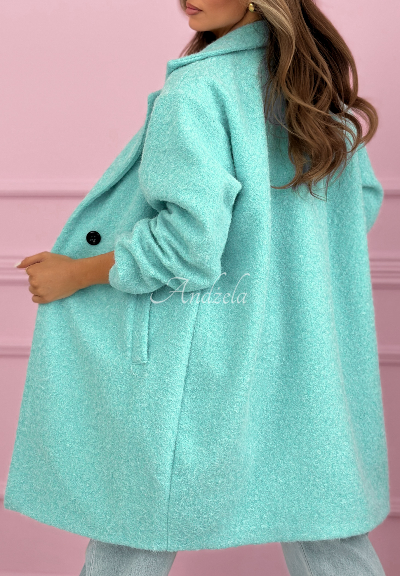 Long sheepskin coat with collar Create The Impossible turquoise