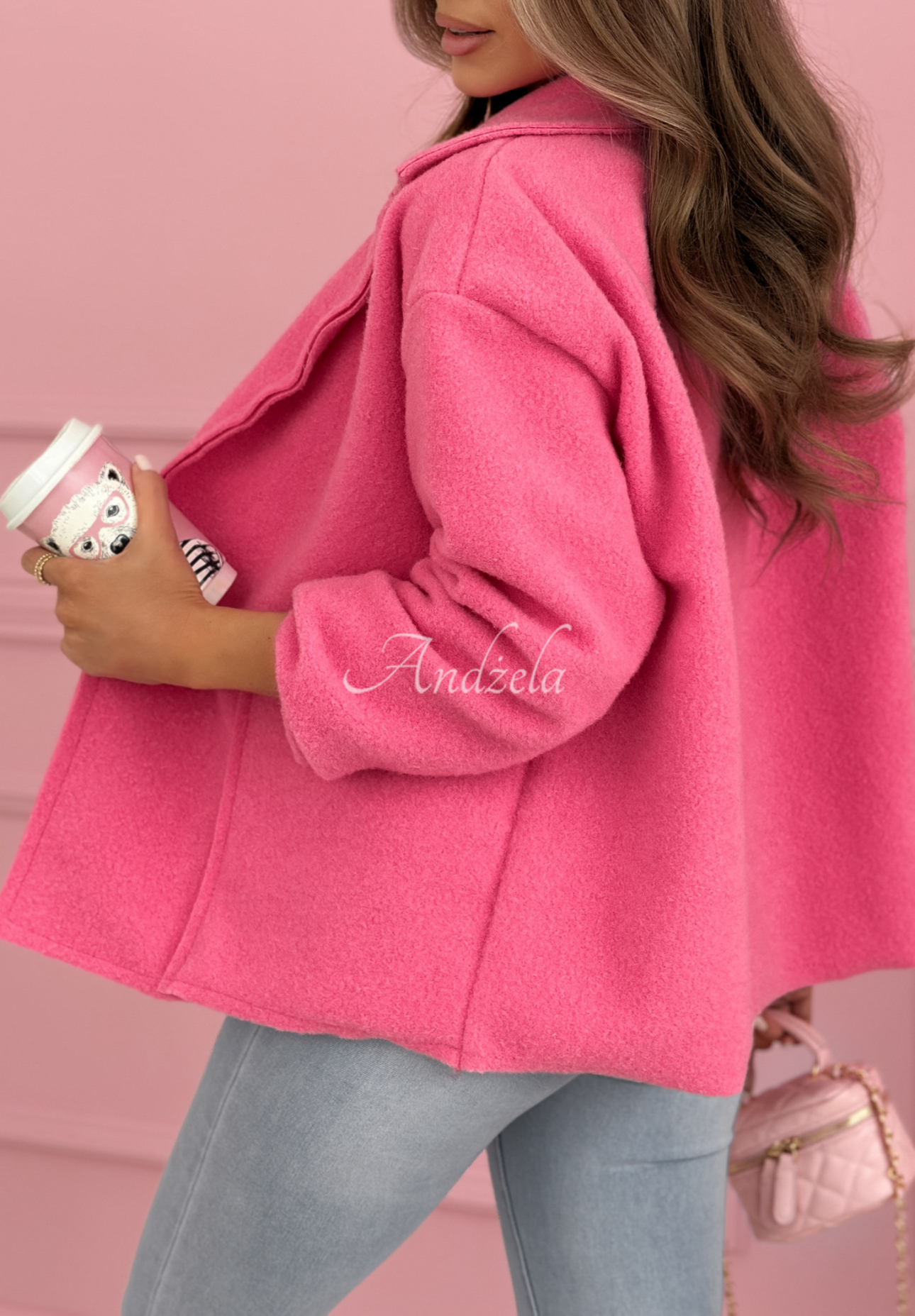 Wiskozowy krótki płaszcz z kieszeniami Yumi różowy