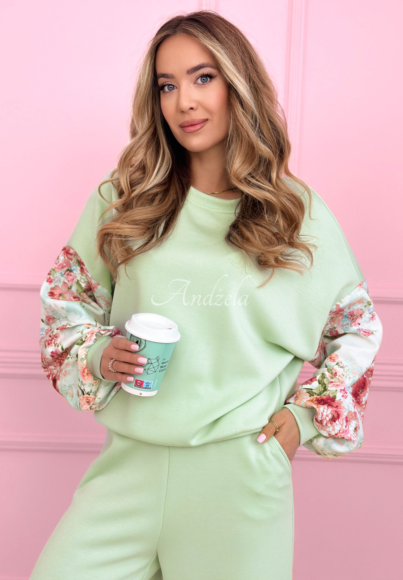 Viscose tracksuit set, sweatshirt and butter-colored pants with floral sleeves, Just One Look, pistachio