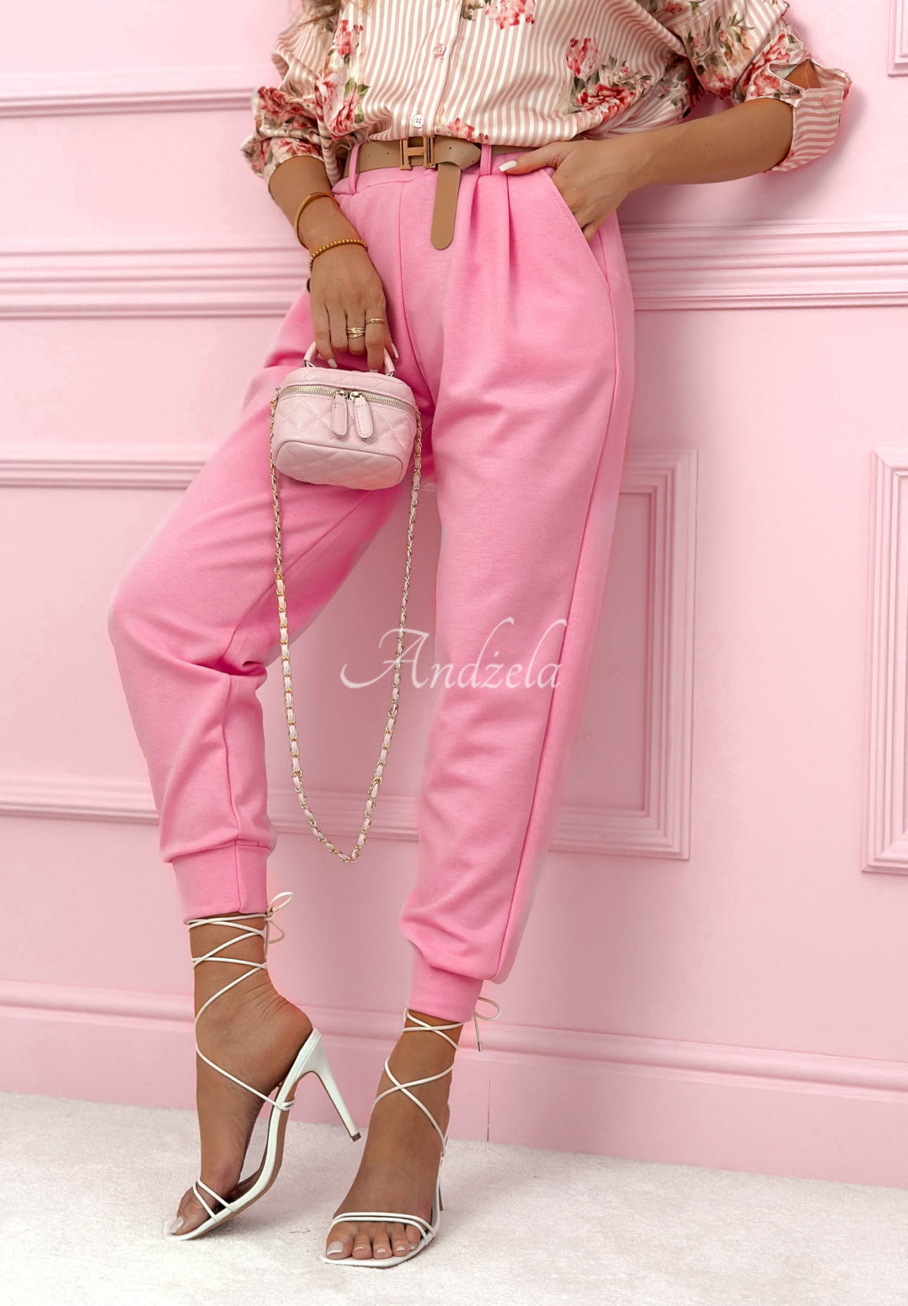 Viscose jogger pants, butter yellow with I Chose It belt, pink