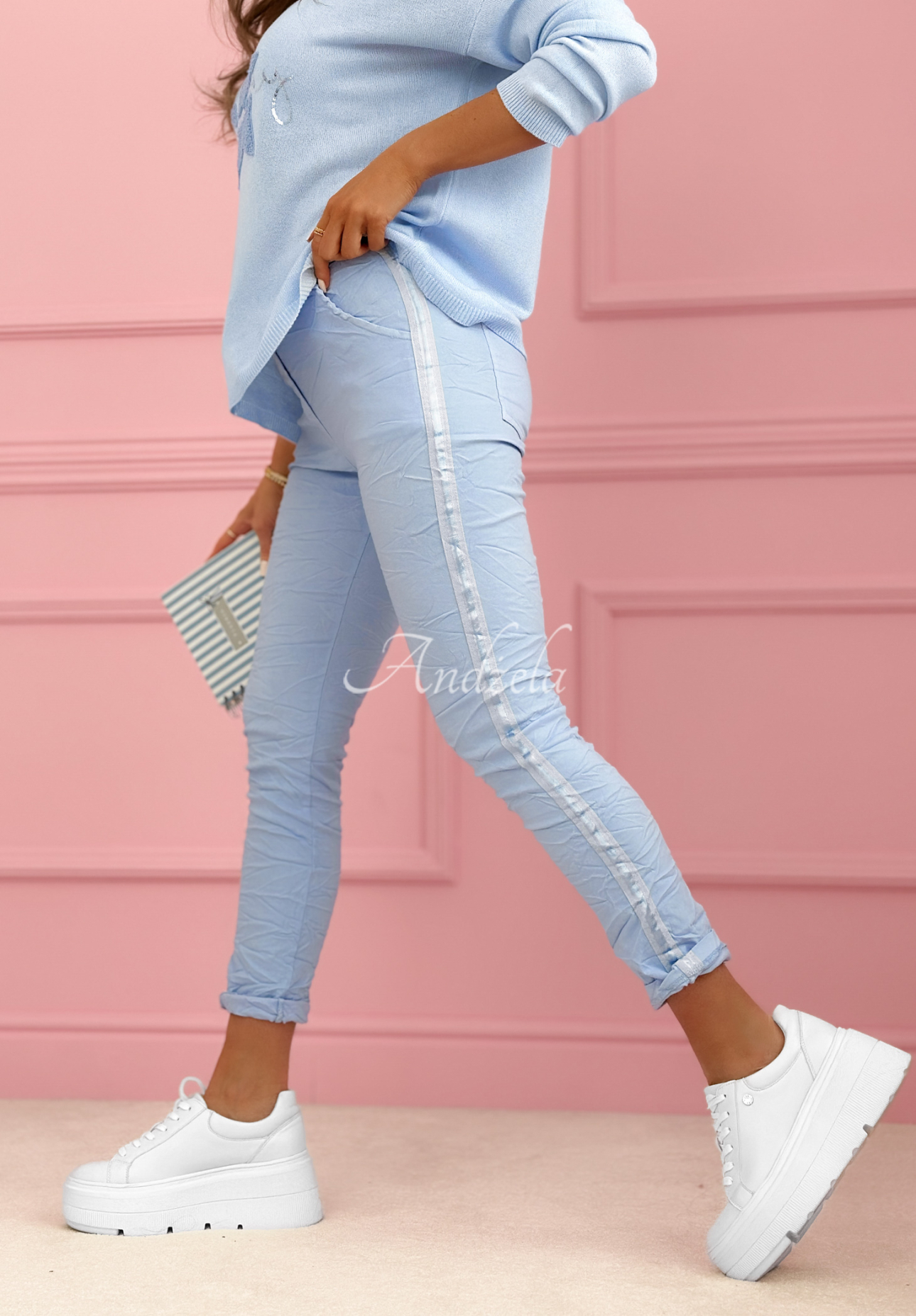 The Spring Begins blue viscose pants with stripes