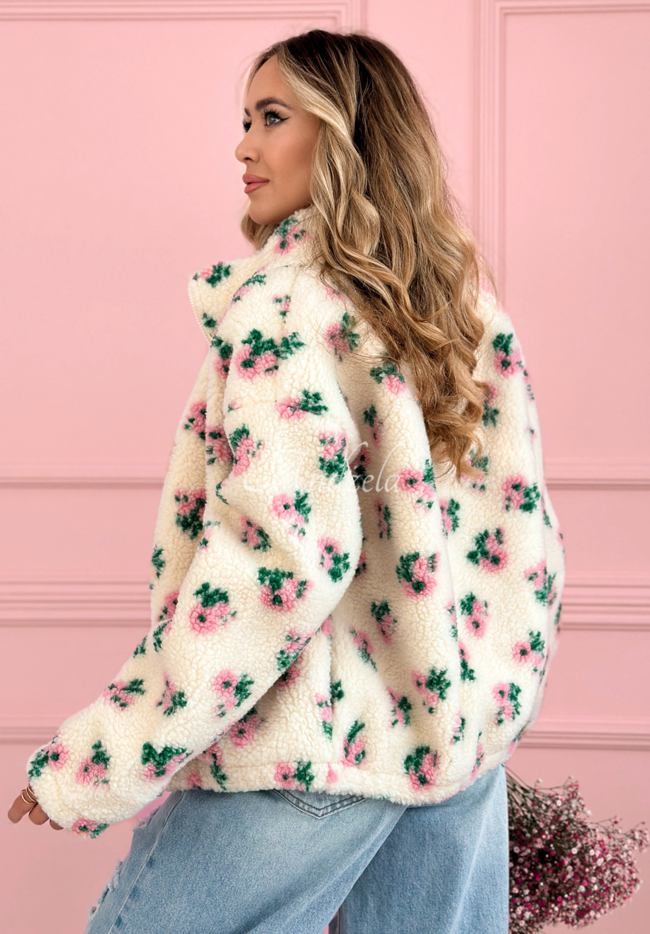 Kurtka polarowa ze stójką w kwiaty Flower Fluffs beżowa