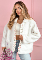 Krótka kurtka kożuszek z kwiecistą podszewką Lilianna ecru