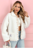 Krótka kurtka kożuszek z kwiecistą podszewką Lilianna ecru