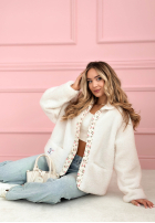 Krótka kurtka kożuszek z kwiecistą podszewką Lilianna ecru