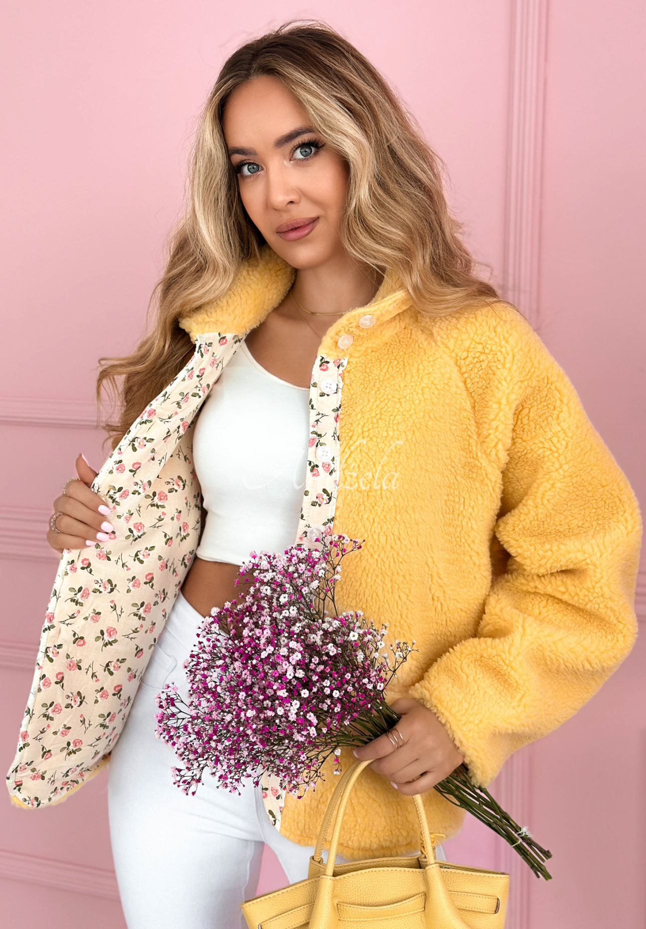 Short sheepskin jacket with floral lining and wool Lilianna yellow