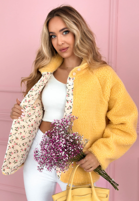 Short sheepskin jacket with floral lining and wool Lilianna yellow