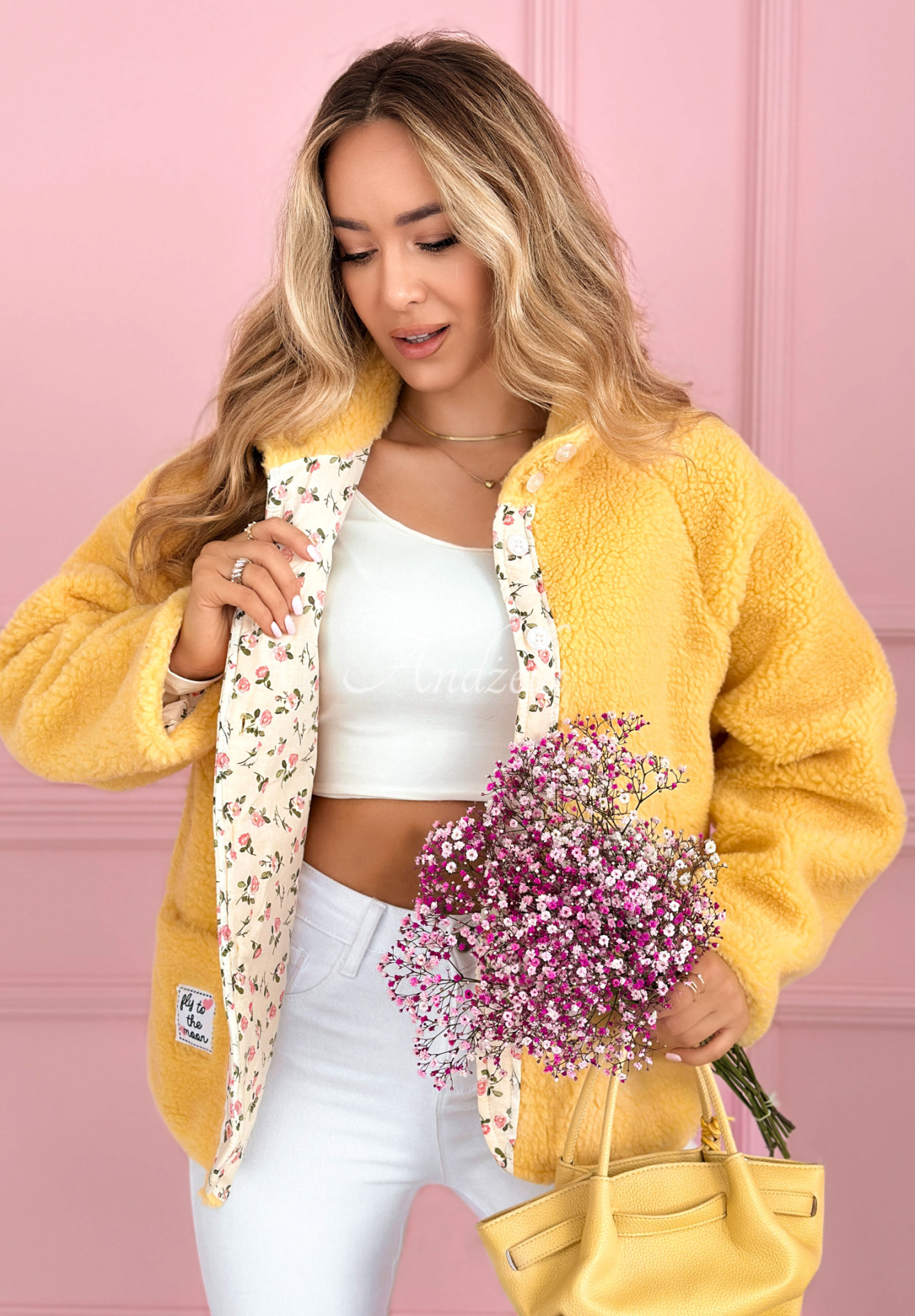 Short sheepskin jacket with floral lining and wool Lilianna yellow