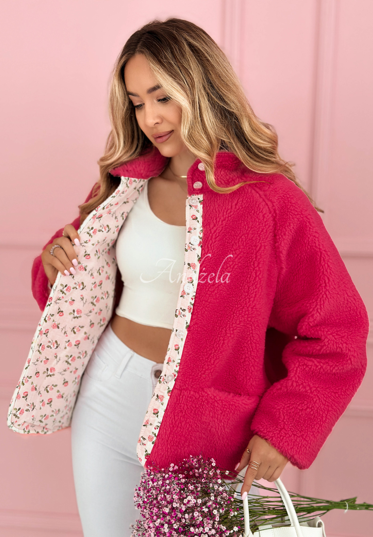 Short sheepskin jacket with floral lining and Lilianna fuchsia wool