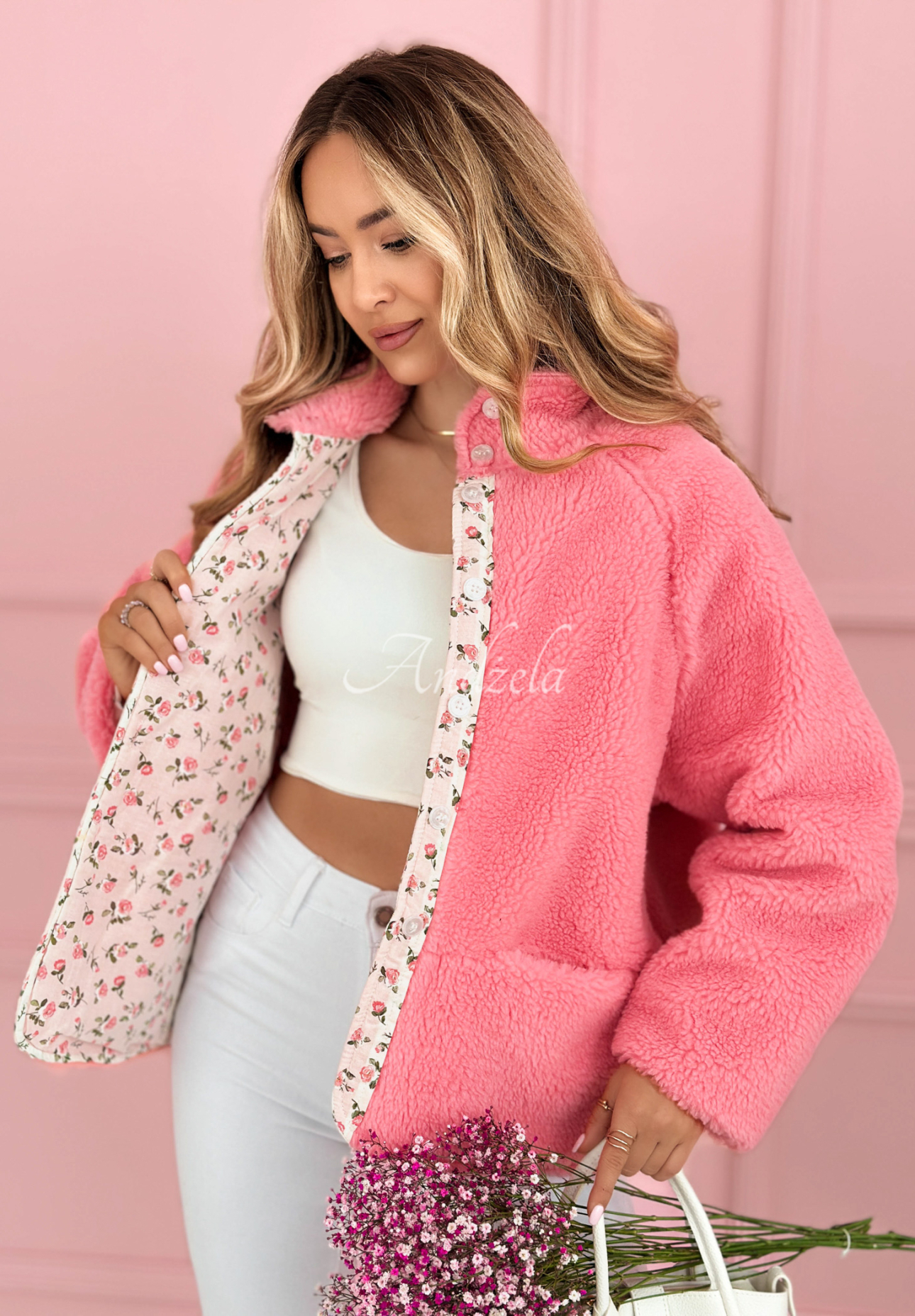 Short sheepskin jacket with floral lining and wool Lilianna powder pink