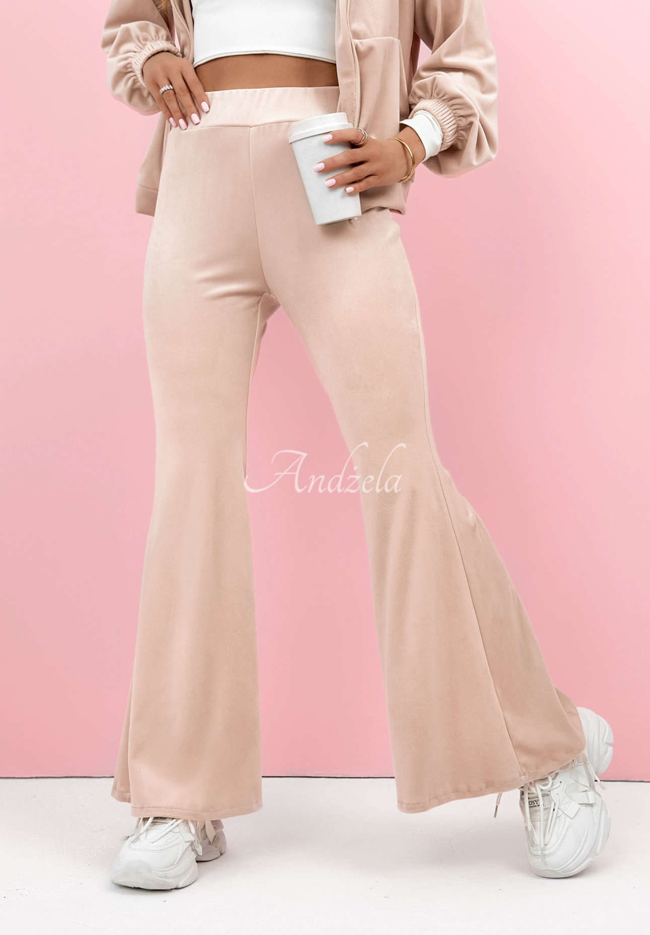 Velour tracksuit set, sweatshirt and pants, Ready To Go, beige