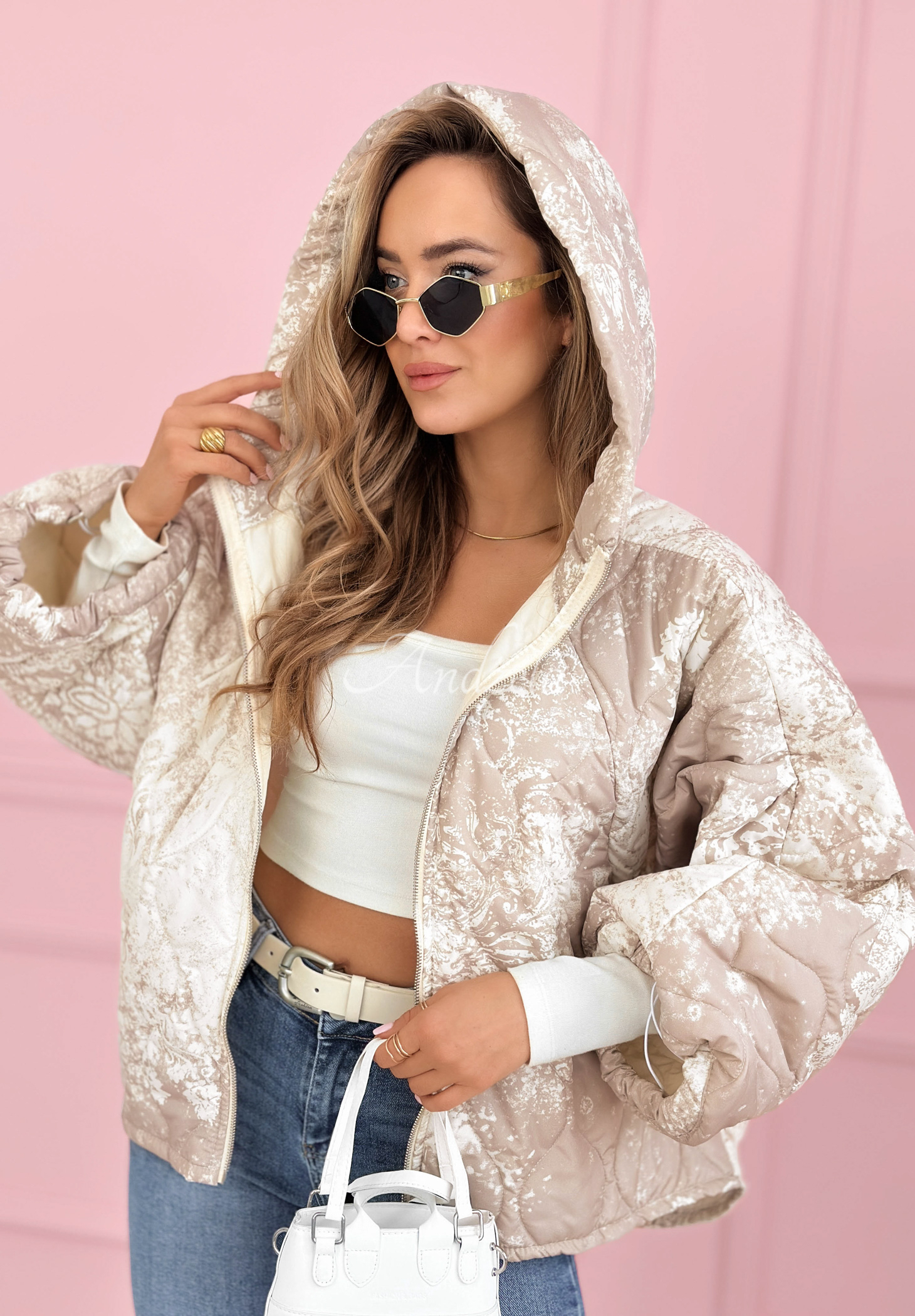 Quilted oversized hooded jacket with Blooming Hope patterns, beige ...