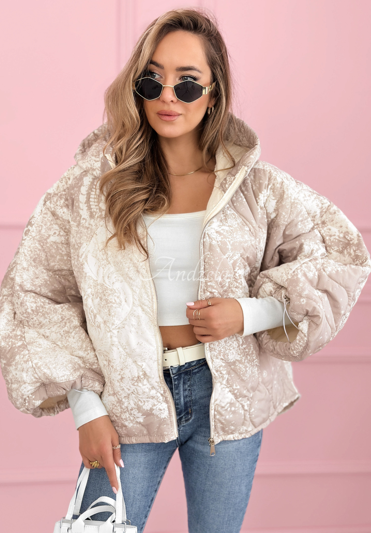 Quilted oversized hooded jacket with Blooming Hope patterns, beige ...