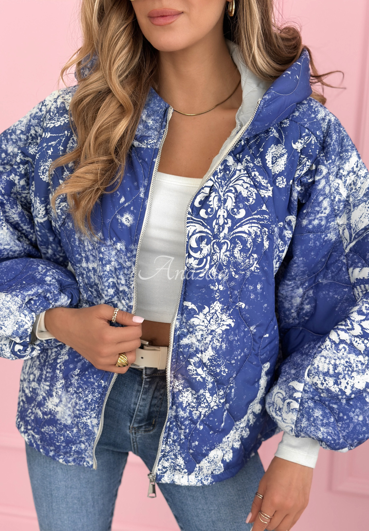 Quilted oversized hooded jacket with Blooming Hope patterns, blue