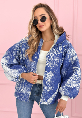 Quilted oversized hooded jacket with Blooming Hope patterns, blue