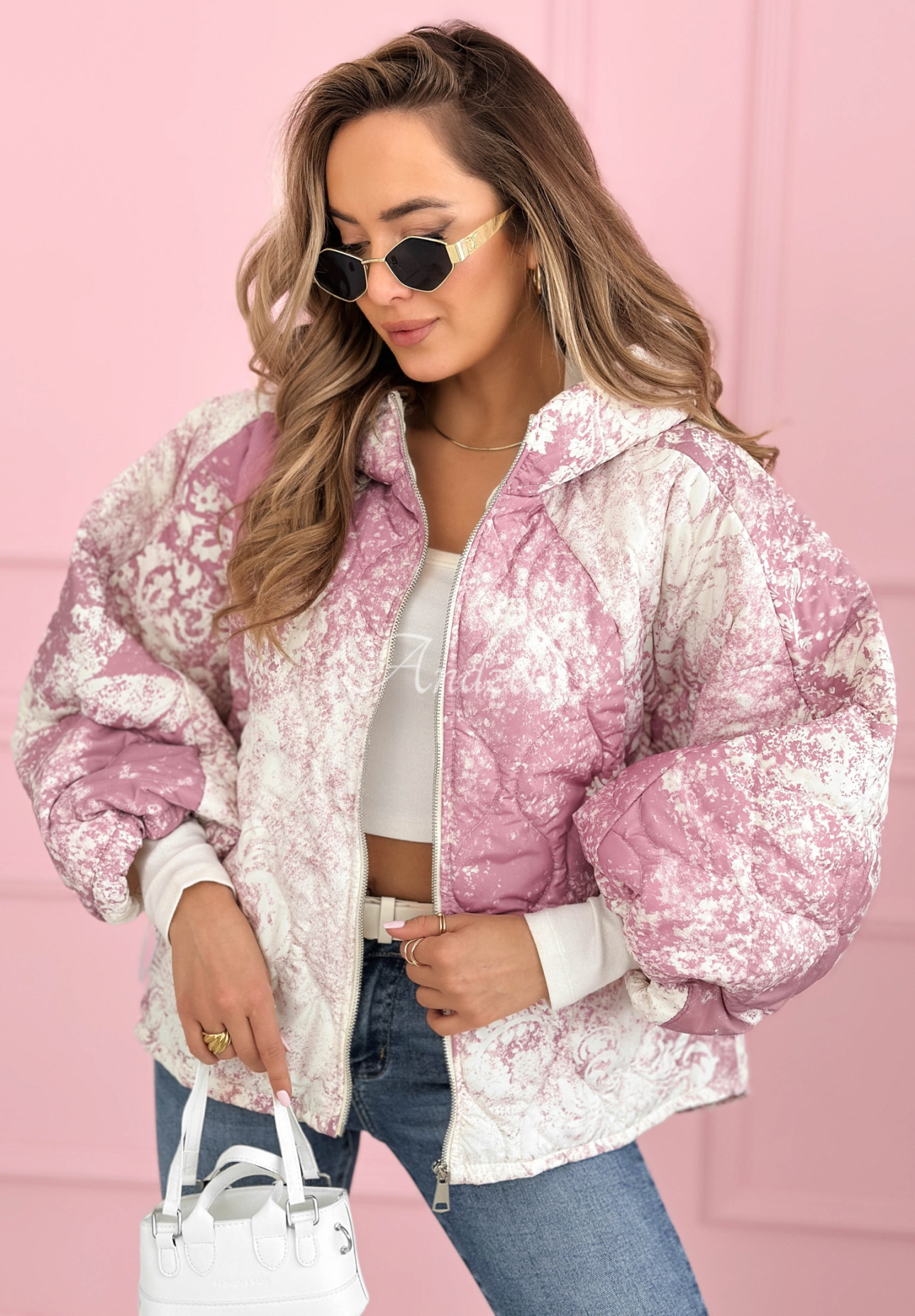 Quilted oversized hooded jacket with Blooming Hope patterns, pink