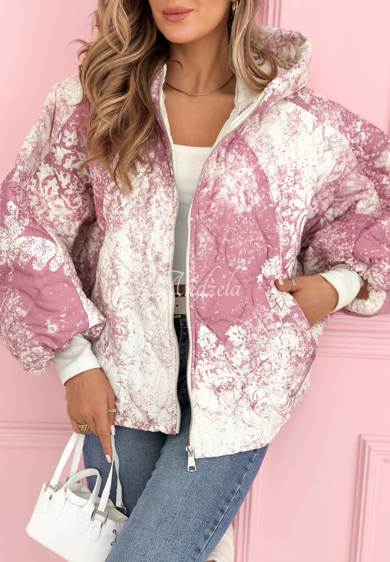 Quilted oversized hooded jacket with Blooming Hope patterns, pink