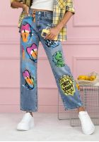 Spodnie jeansowe straight z nadrukami Kiss Off niebieskie