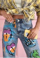 Spodnie jeansowe straight z nadrukami Kiss Off niebieskie