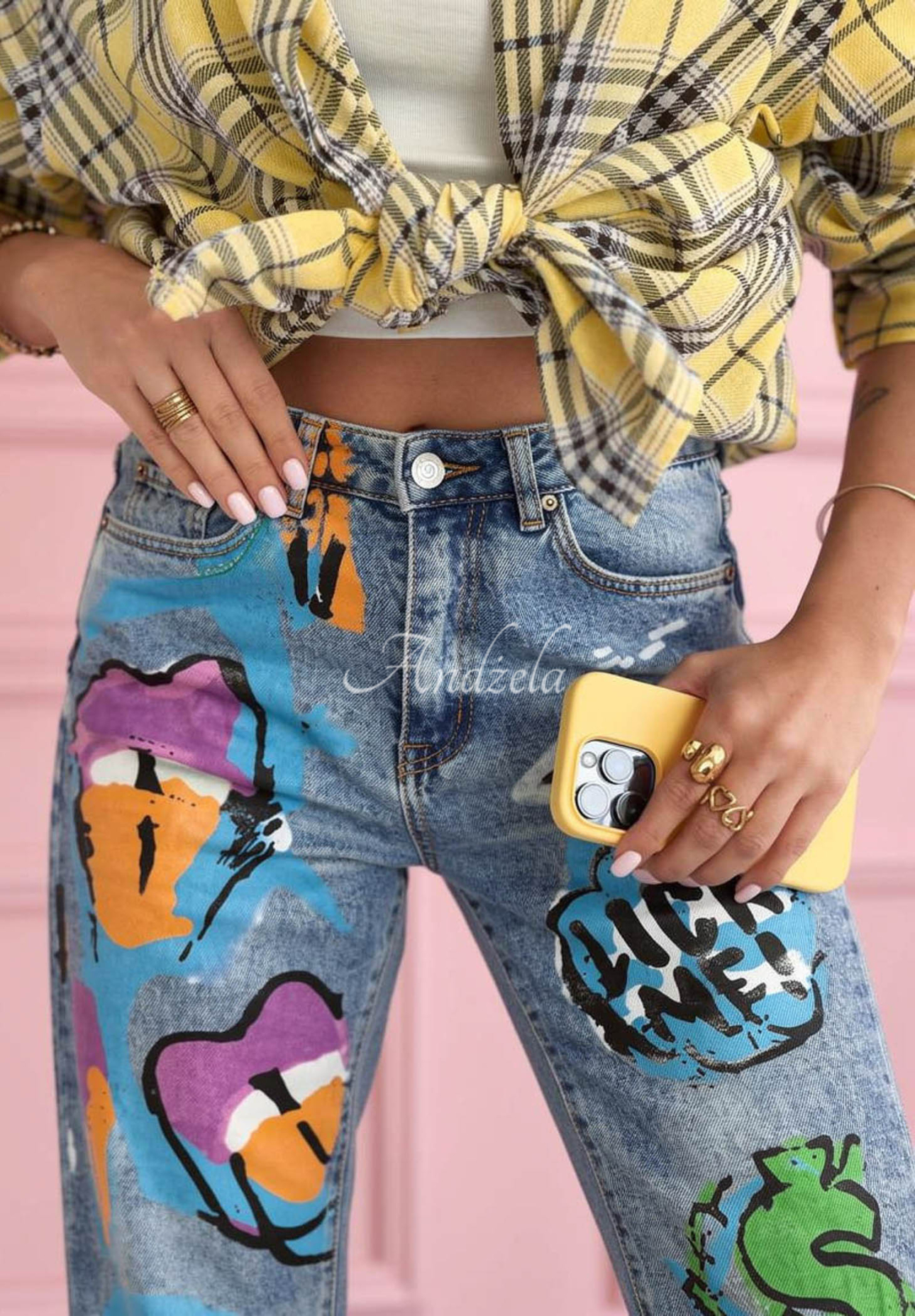 Straight jeans with Kiss Off prints, blue