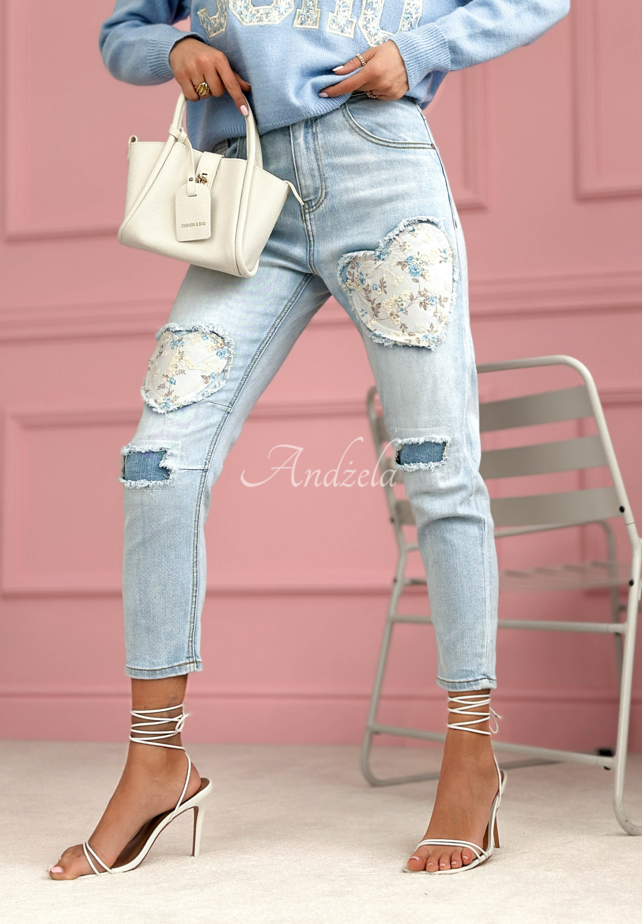 Mom fit jeans with My Big Heart patches, light blue