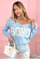 Sweter z dekoltem i napisem Soho pudrowy róż