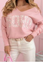 Sweter z dekoltem i napisem Soho pudrowy róż