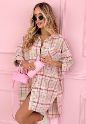 Feeling Springy powder pink oversized cotton shirt dress with check pattern