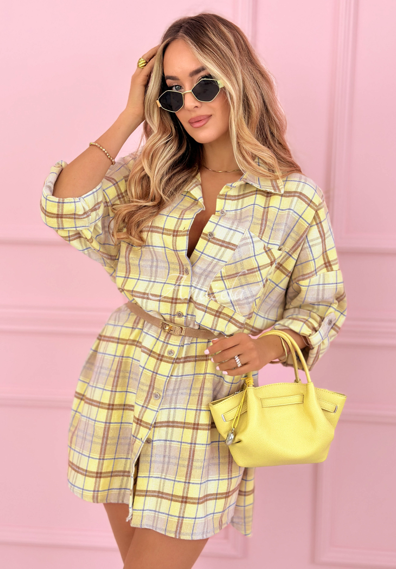 Feeling Springy yellow oversized cotton shirt dress with check pattern