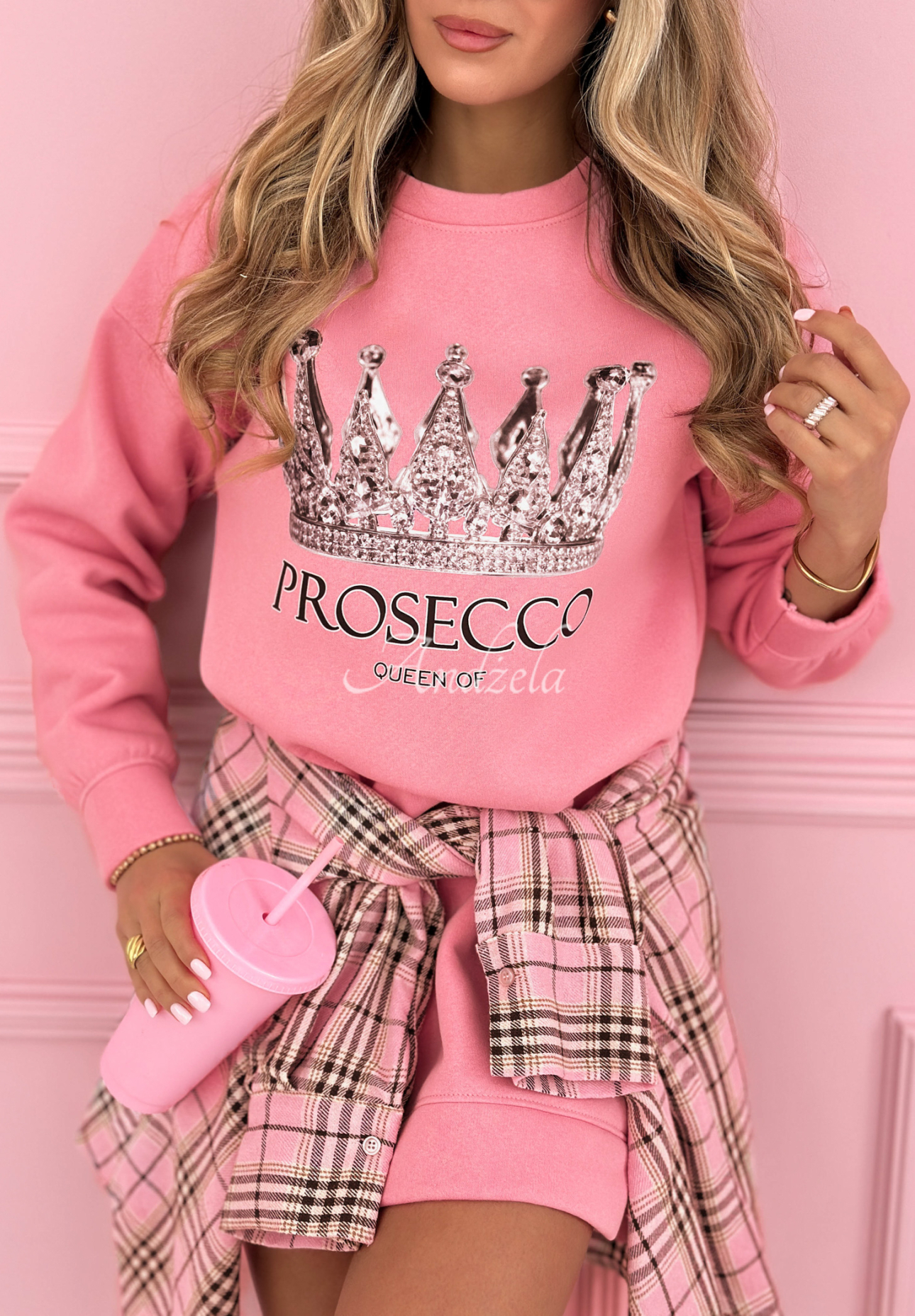 Cotton sweatshirt dress with Queen Of Prosecco print, pink