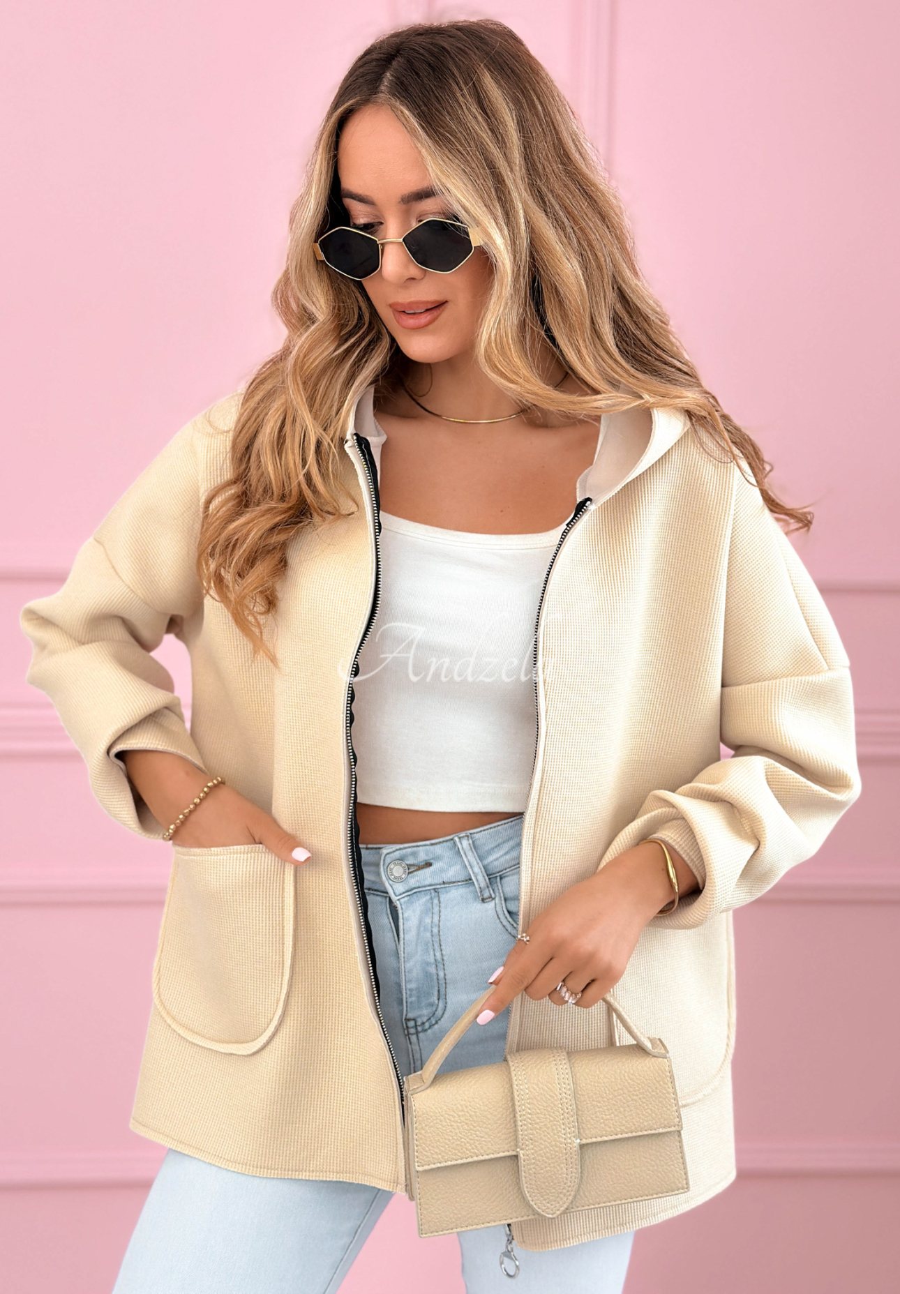 Madeline beige hooded sweatshirt coat