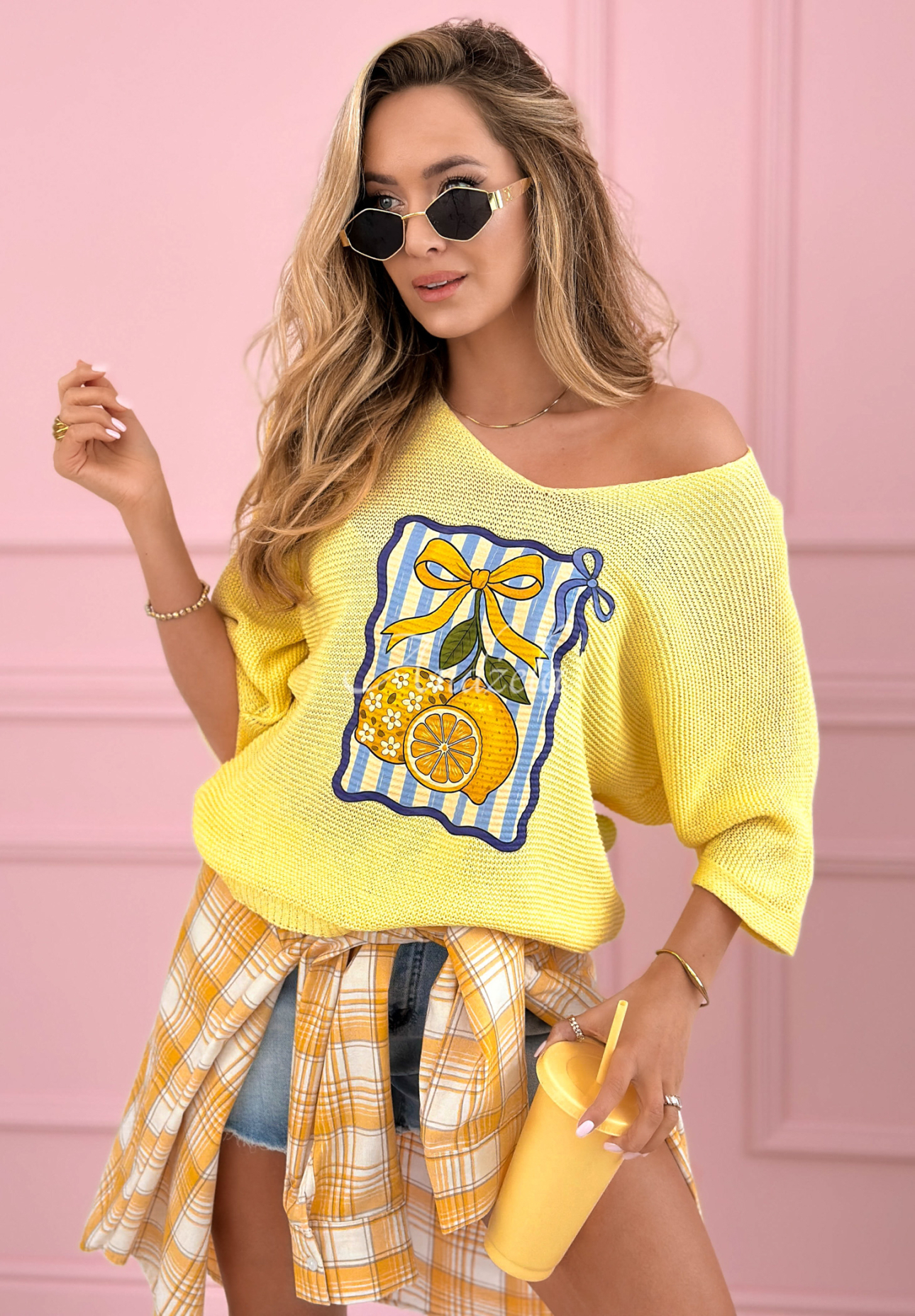 Lekki sweter z bawełny z nadrukiem Lemon Bow żółty