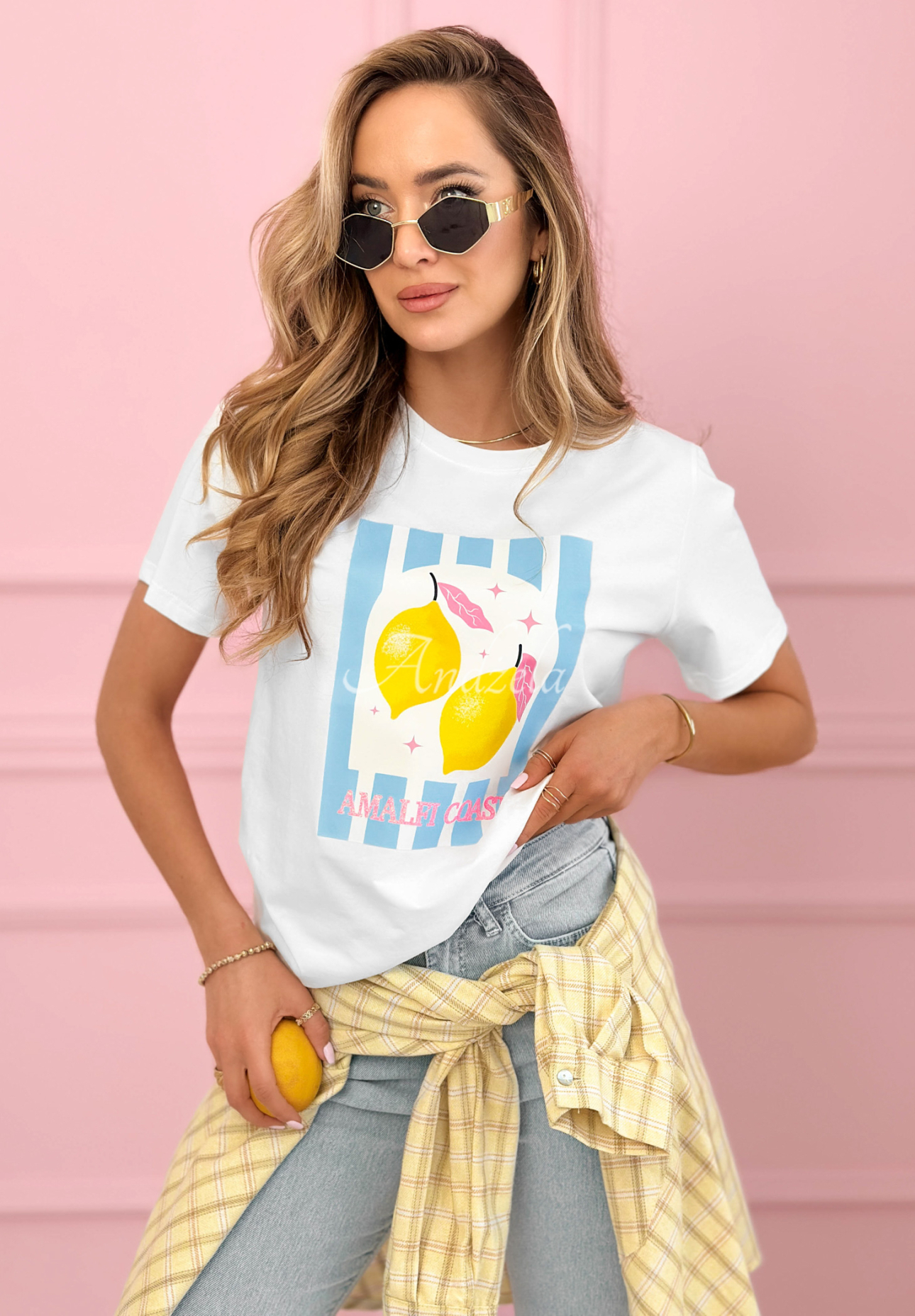 Bawełniany T-shirt z nadrukiem Amalfi Coast Lemons biało-błękitny