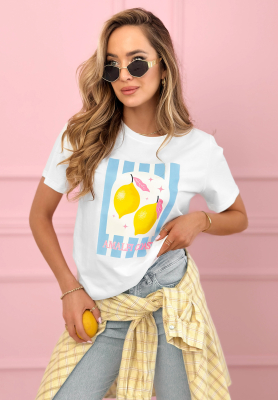 Cotton T-shirt with Amalfi Coast Lemons print, white and blue