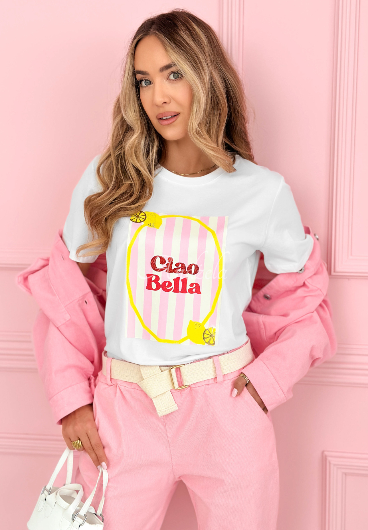 Cotton T-shirt with Ciao Bellissima print, white and pink