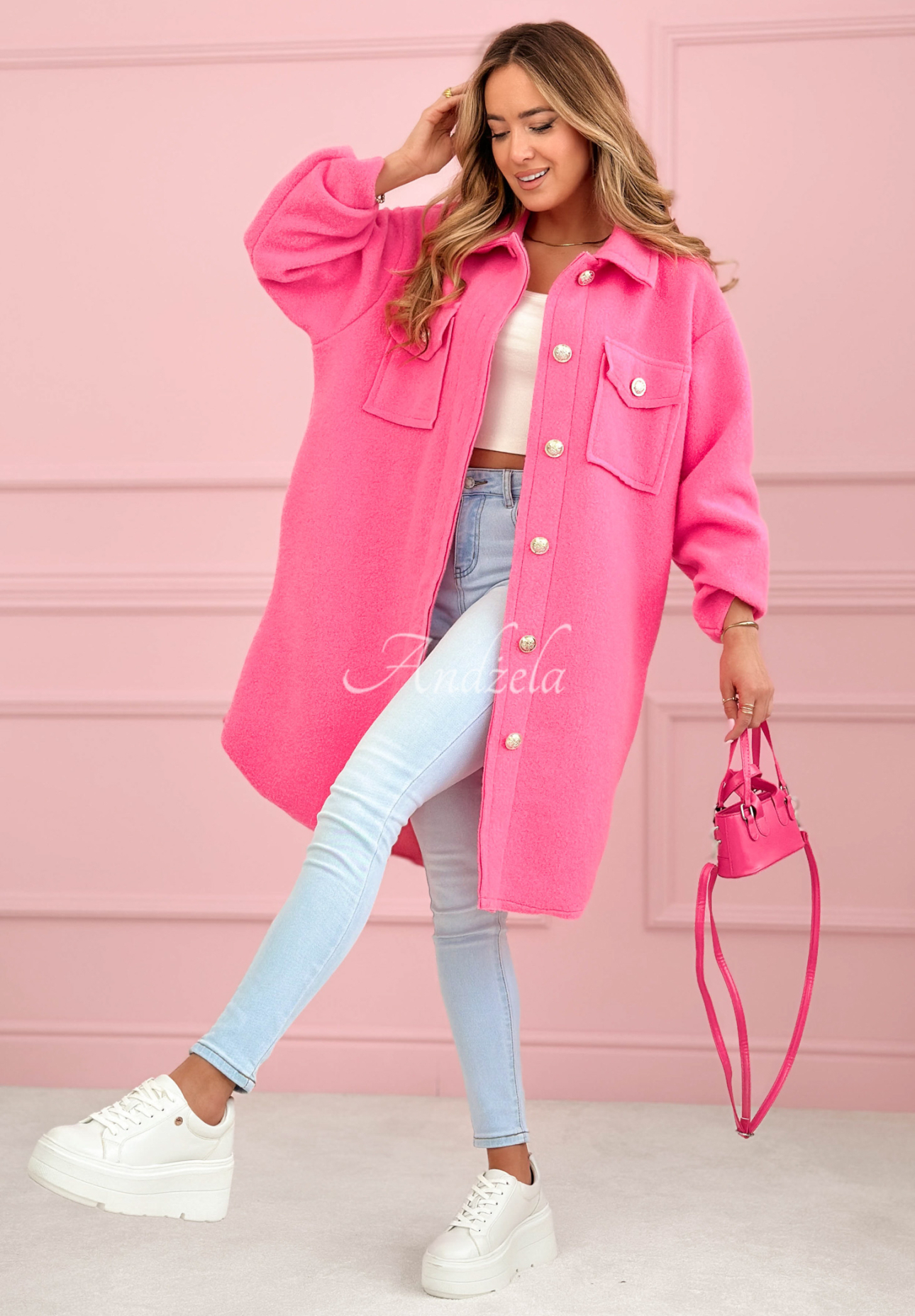 Wiskozowy płaszcz z kieszeniami Kaori różowy