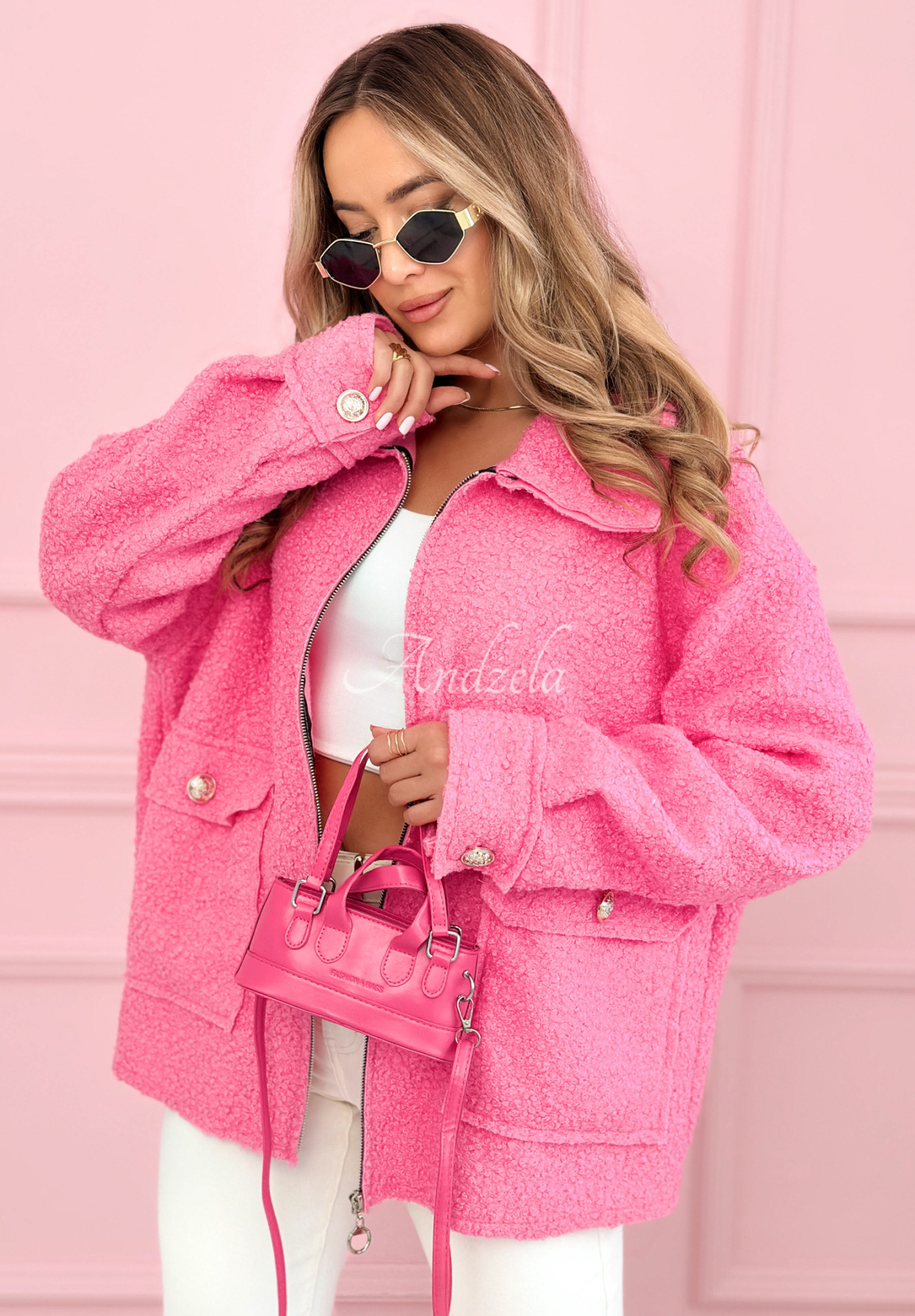 Short sherpa jacket with wool and viscose Azalea pink