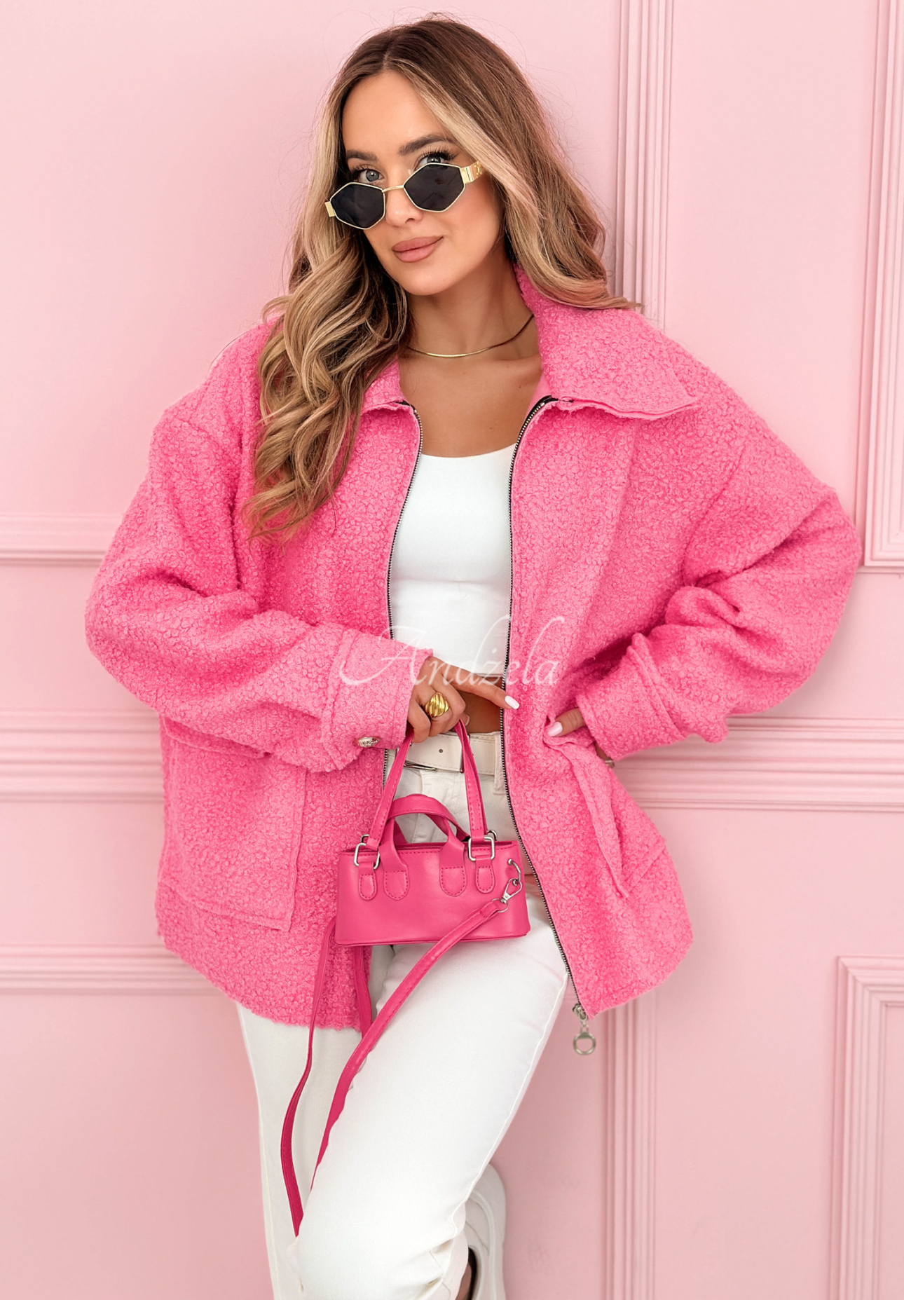 Short sherpa jacket with wool and viscose Azalea pink