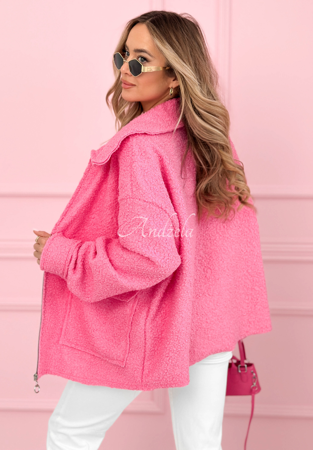Short sherpa jacket with wool and viscose Azalea pink