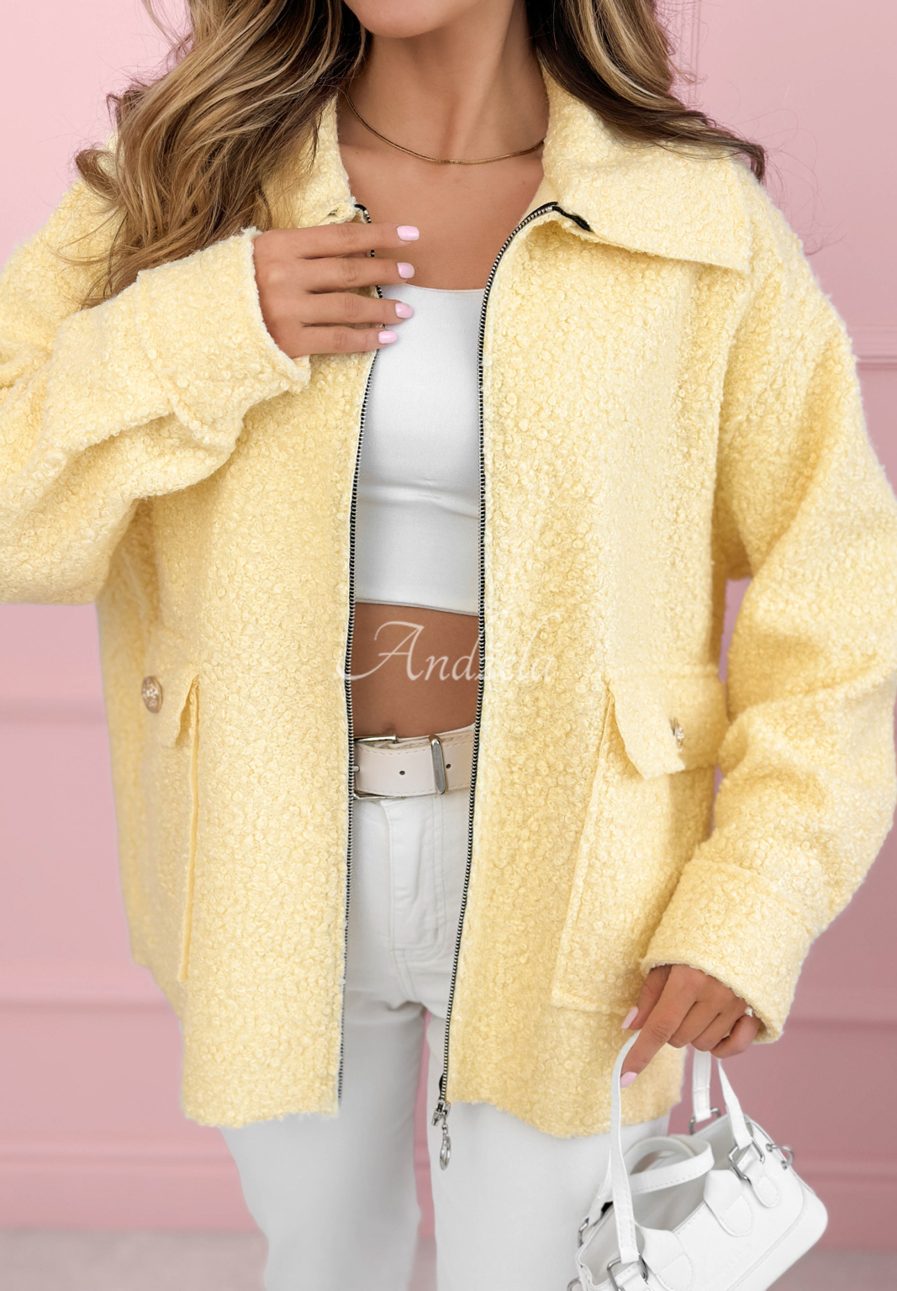 Short sherpa jacket with wool and viscose Azalea yellow