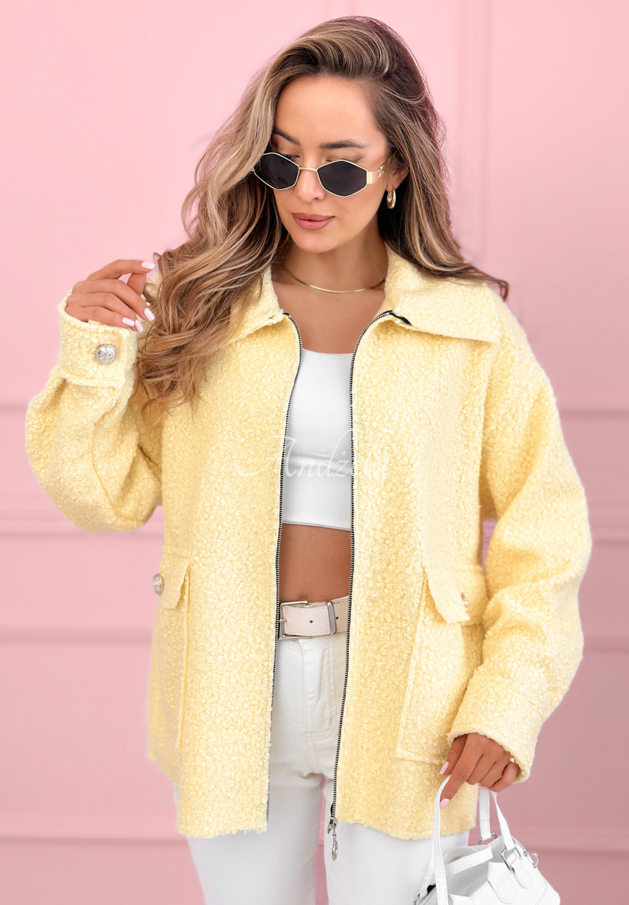 Short sherpa jacket with wool and viscose Azalea yellow