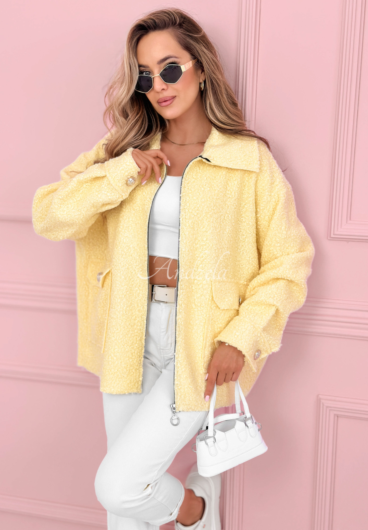 Short sherpa jacket with wool and viscose Azalea yellow