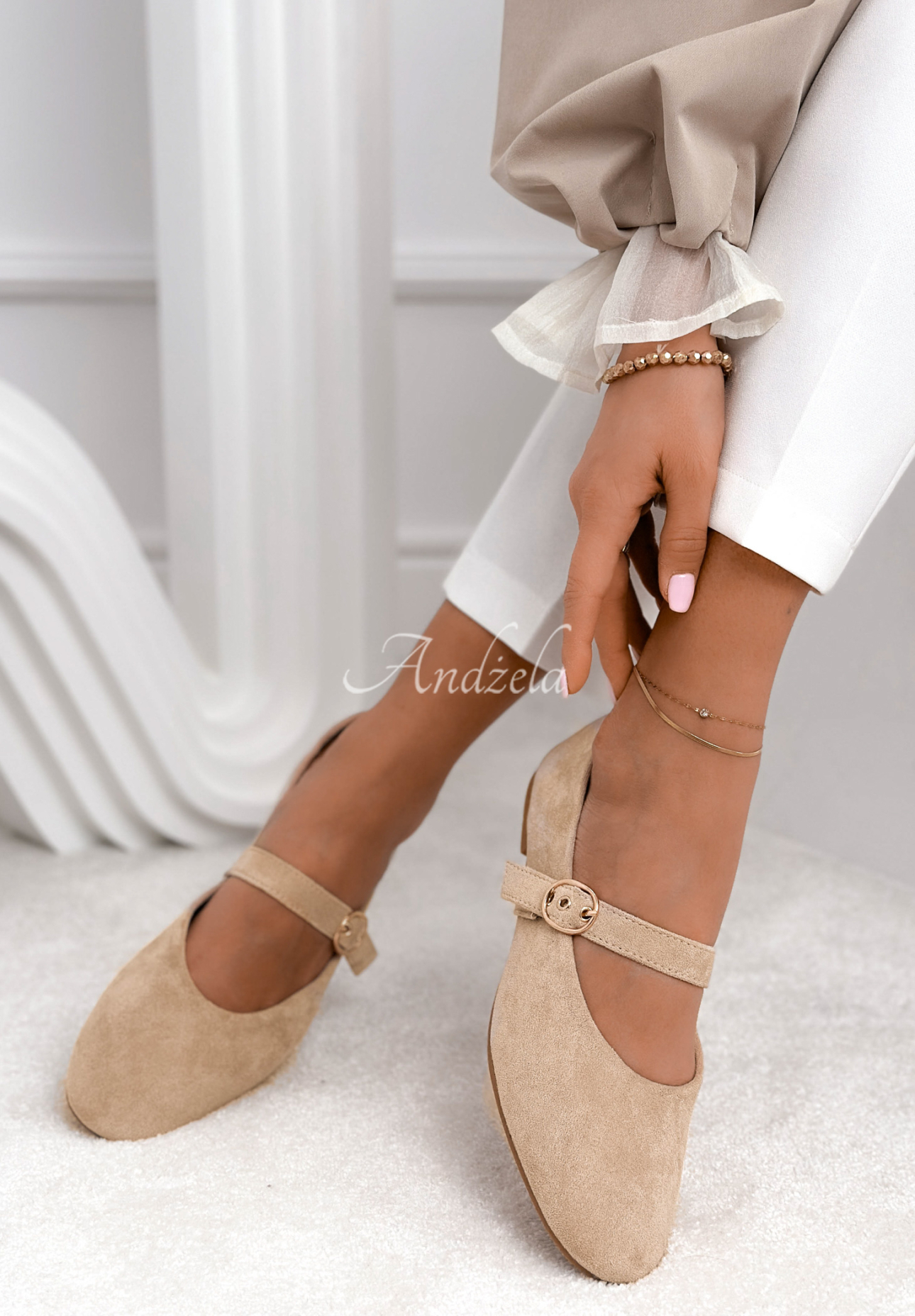 Vivienne beige suede ballet flats with strap