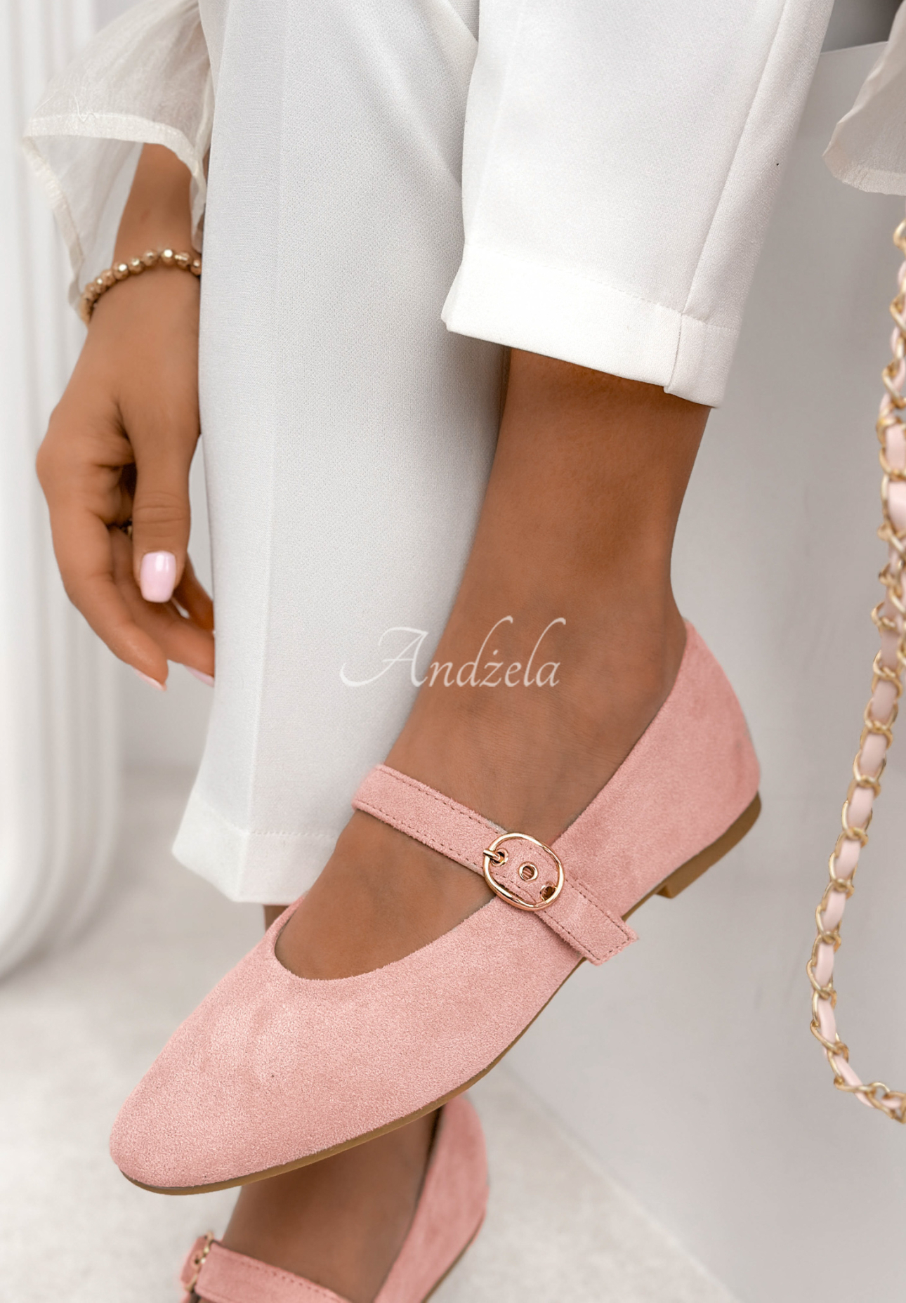 Vivienne powder pink suede ballet flats with strap