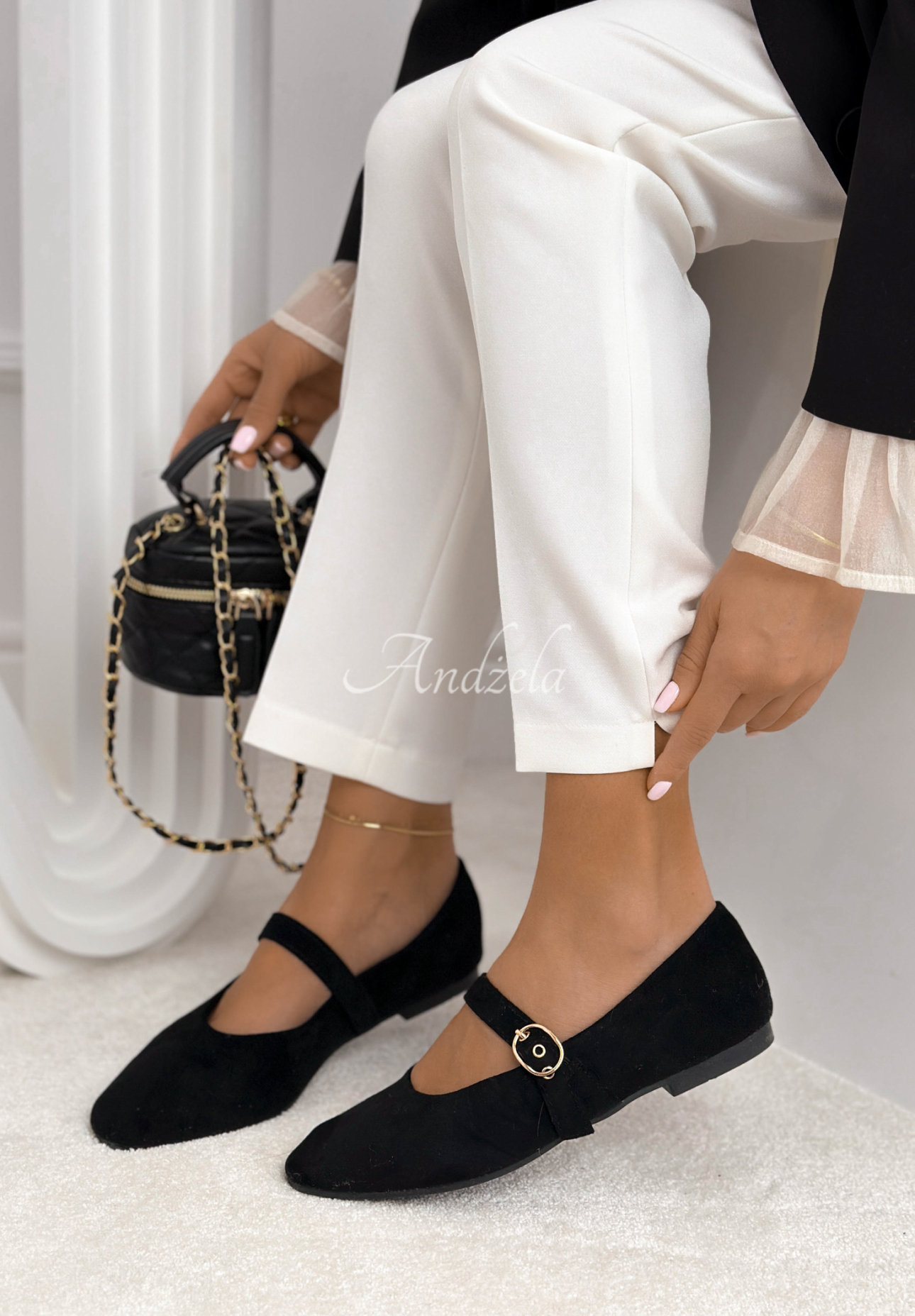 Vivienne black suede ballet flats with strap