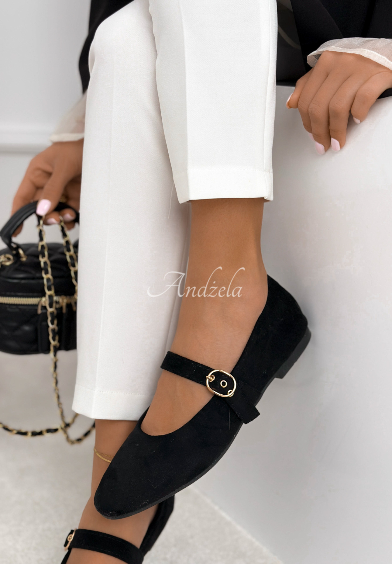 Vivienne black suede ballet flats with strap