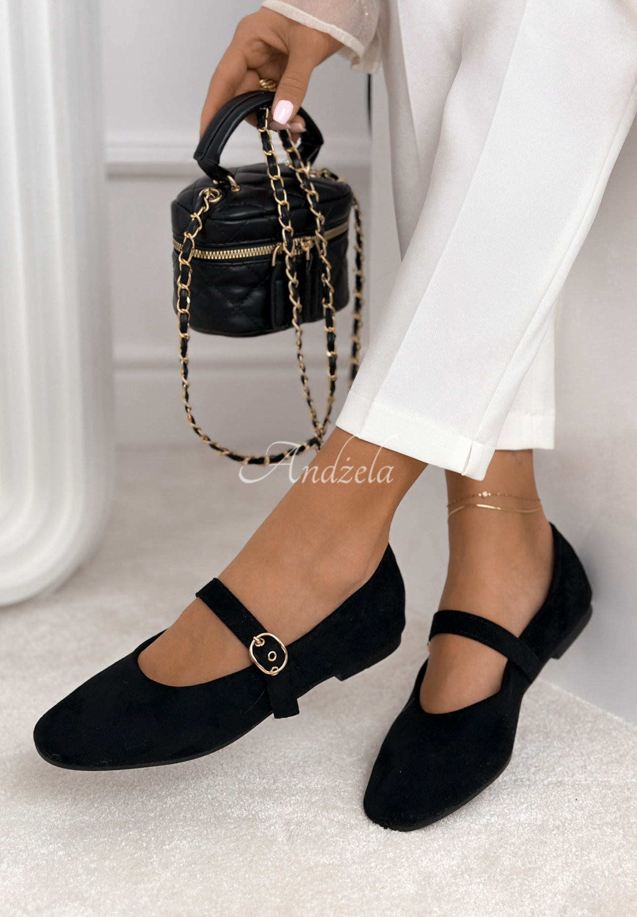 Vivienne black suede ballet flats with strap