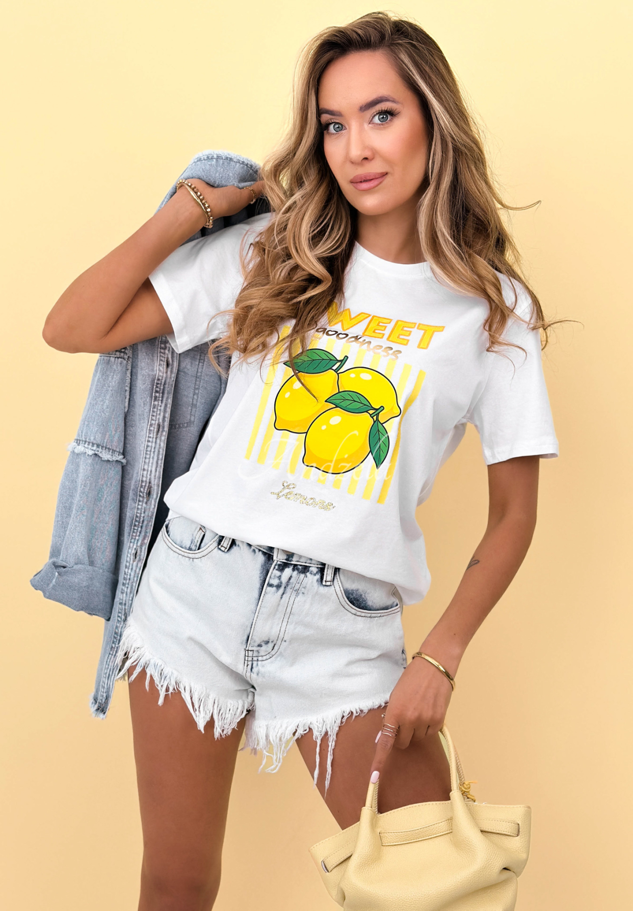 Cotton T-shirt with Sweet Goodness print, white and yellow